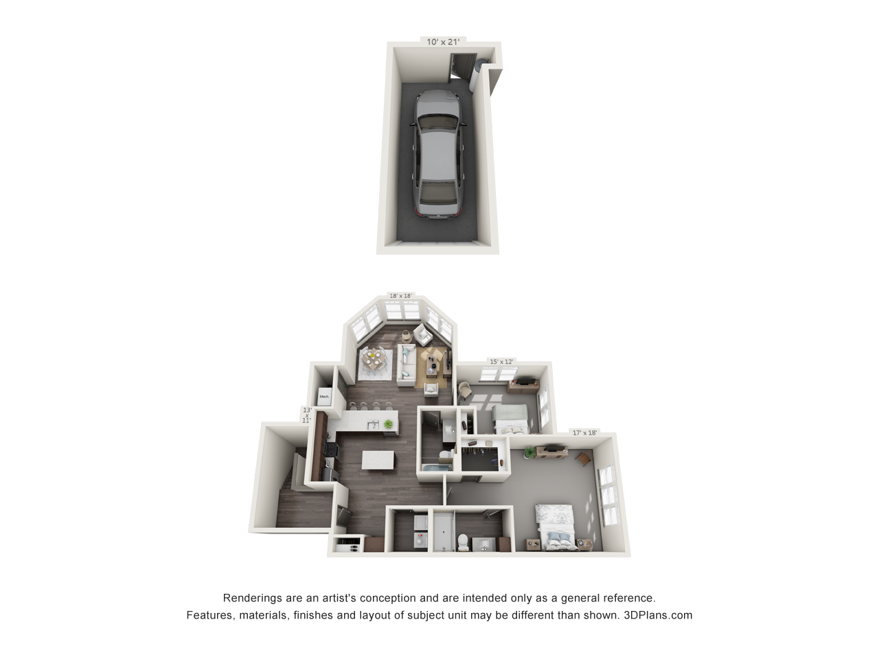 Floor plan for 2 beds, 2 baths, 1373 sqft